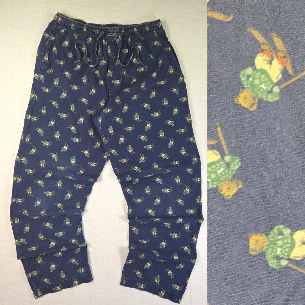 VTG RL Polo Bear Pajama Pants Medium Mens Skiing Blue Cotton Sleepwear Lounge